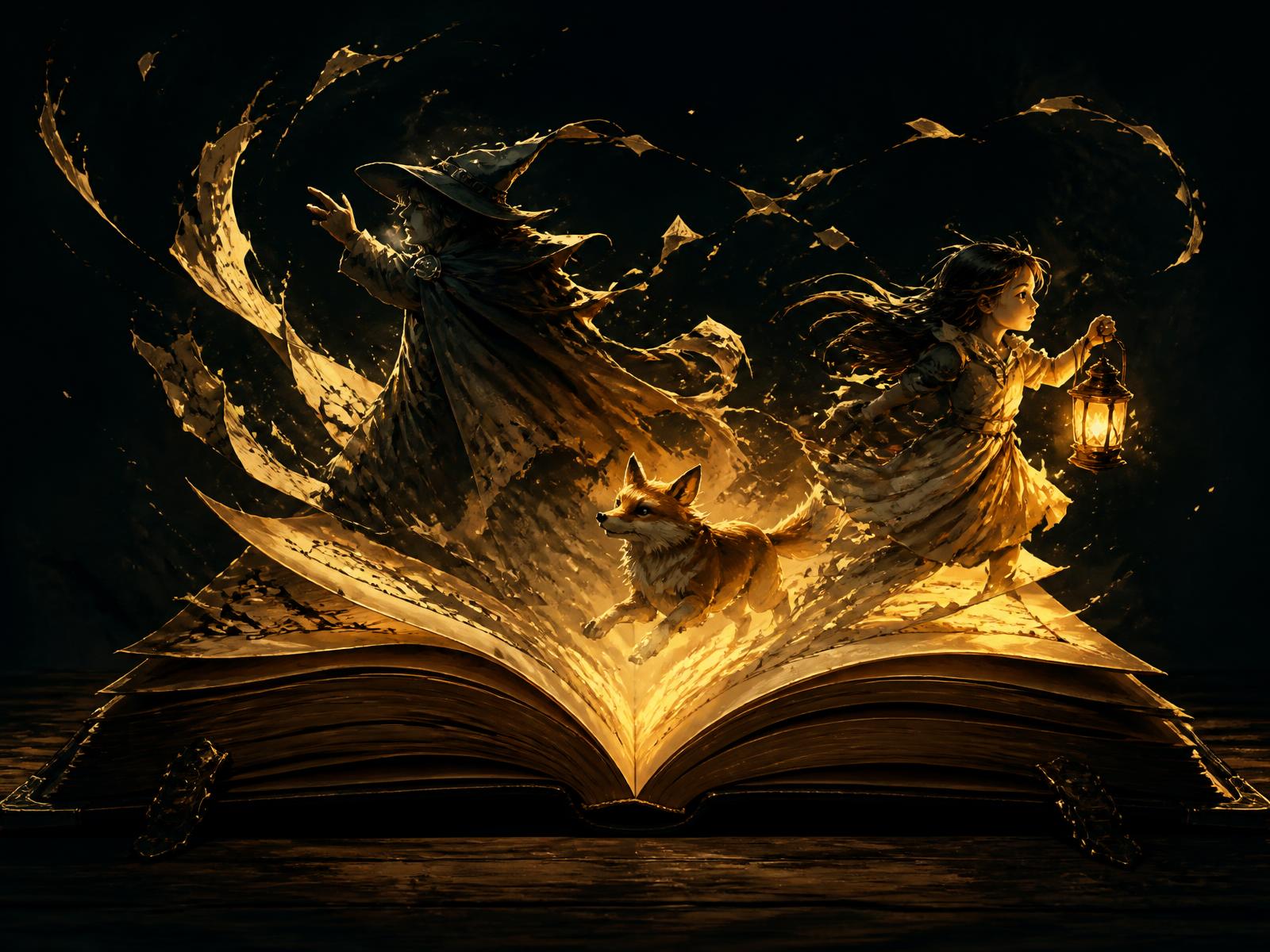 Characters made of ink and gold climbing out of an open book on a dark stage